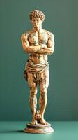 AI generated Gold statue of a man on a solid teal background. Concept of classical art, luxury decor, sculpture, golden statue, artistry, elegance. Vertical format photo