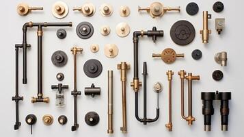 AI generated A neatly organized display of modern plumbing fixtures in brass and black finishes on a light background. photo