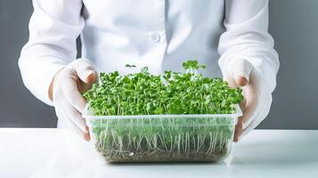 AI generated Close up of hands holding young microgreens in a container. Individual gardening microgreens. Concept of urban farming, hands-on agriculture, green living, home gardening, healthy photo