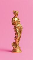 AI generated Gold statue of a woman on a solid pink background. Concept of classical art, luxury decor, sculpture, golden statue, artistry, elegance. Vertical format photo