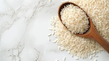 AI generated Grains of uncooked white rice in a wooden spoon on a white marble background. Top view. Banner with copy space. Concept of cooking ingredient, healthy nutrition, cereal grain, photo