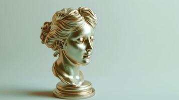 AI generated Golden sculpture of female head on a light green background. Banner with copy space. Concept of classical art, sculpture, golden statue, artistry, elegance, luxury decor. photo