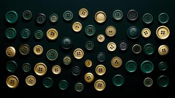 AI generated Collection of buttons in shades of green and gold on dark emerald background. Top view. Concept of sewing, fashion detail, tailoring accessories, craft materials. photo