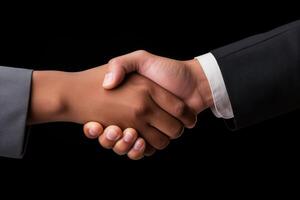 AI generated Business person handshaking after interview against black background, hiring image for job postings photo