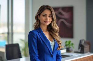 AI generated Lady in blue suit standing at office desk, accountability image photo