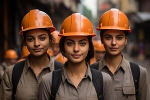 ai generado Tres construcción expertos participación difícil sombreros en frente de un proyecto, construcción y Ingenieria imagen foto