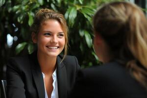 ai generado joven mujer de negocios entrevistas trabajo solicitante en oficina, profesional trabajo entrevista atuendo imagen foto