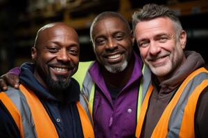 AI generated Three diverse men in safety vests stand united in an industrial warehouse, construction and engineering image photo