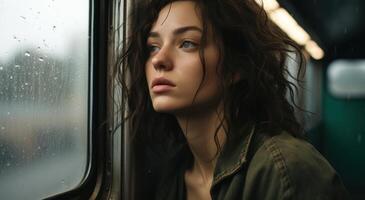 AI generated Beautiful lady looks out train window at raindrops, urban transportation image photo