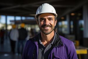 ai generado sonriente arquitecto vistiendo difícil sombrero soportes con confianza en frente de construcción sitio, construcción y Ingenieria imagen foto