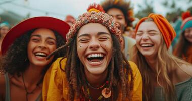 ai generado amigos alegremente riendo y teniendo divertido al aire libre, mental salud aceptación concepto foto