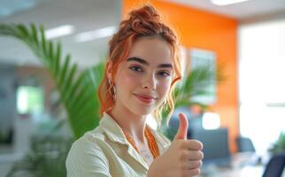 AI generated Woman in office giving thumbs up, acceptance image photo