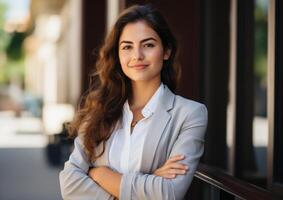 ai generado un mujer brazos doblada sonrisas fuera de un oficina edificio, contratación imagen para trabajo publicaciones foto