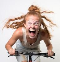 AI generated A young girl cycling a bicycle on white background, urban transportation image photo