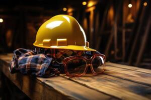 AI generated Helmet and goggles on a rustic wooden background, construction and engineering image photo