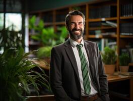 AI generated Smiling happy businessman in office photo, hiring image for job postings photo
