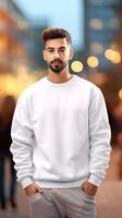 AI generated Handsome man wearing clean white sweatshirt. On a light blurred background. Outdoors. Sweatshirt Mockup. Concept of urban fashion, street style, template for design. Vertical format photo