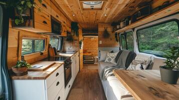 ai generado moderno camper camioneta con acogedor interior y hermosa puntos de vista de naturaleza desde el ventanas concepto de móvil viviendo, aventuras viajar, la carretera excursiones, y conectado con la naturaleza estilos de vida foto