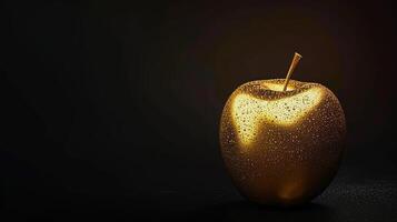 AI generated Golden fruit, apple made of gold, shimmering with fine detail on black backdrop. Ideal for financial, success and high-value themed visuals. Banner with copy space. photo