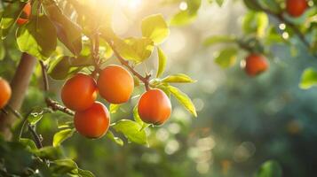 ai generado maduro caquis colgando desde el árbol. vibrante naranja color de el Fruta en contra el verde hojas, con luz de sol. conceptos de belleza de naturaleza, Fresco fruta, sano bocadillo, natural alimento. foto