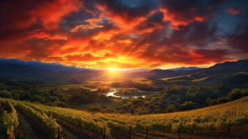 AI generated Sunlight cascades over vineyard hills at sunset with a dramatic sky. Concept of serene vineyard at sunset, pastoral beauty, agricultural landscape, rural retreat, nature harmony, calmnes photo