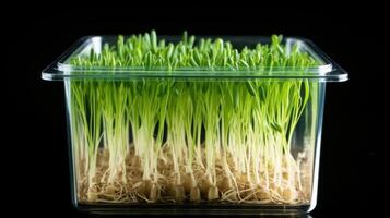 AI generated Container of lush microgreen sprouts, healthy plant-based food. On black background. Concept of healthy eating, urban gardening, sustainable food, plant growth photo