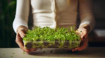 AI generated Close up of female hands holding young microgreens in container. Individual gardening microgreens. Concept of urban farming, hands-on agriculture, green living, home gardening, photo