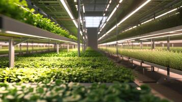 AI generated Hydroponic shelves of sprouting plants in an urban farm setting. Concept of urban farming, sustainable agriculture, hydroponics, indoor gardening photo