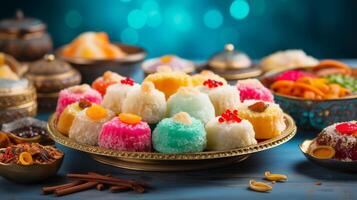 AI generated Assortment of traditional Indian sweets on plate with bokeh background. Concept of festive Indian sweets, traditional mithai variety, celebratory dessert presentation, and cultural photo