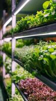 AI generated Hydroponic shelves of sprouting plants in an urban farm setting. Concept of urban farming, sustainable agriculture, hydroponics, indoor gardening. Vertical format. photo