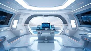 AI generated Futuristic spacecraft interior in a minimalist style. Concept of space travel, future technology, exploration, cosmic living, and Earth observation photo