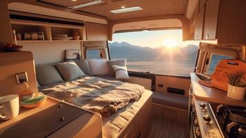 AI generated Comfortable motorhome interior design with cozy interior and scenic nature outlook. Concept of mobile living, adventure travel, road trips, and nature connected lifestyles photo