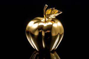 AI generated Golden apple made of gold, on black background. Suitable for concepts of wealth, luxury, and temptation in art and advertising photo