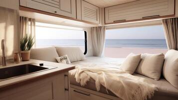 ai generado moderno camper camioneta con un acogedor interior y hermosa puntos de vista de naturaleza desde el ventanas concepto de móvil viviendo, aventuras viajar, la carretera excursiones, y conectado con la naturaleza estilos de vida foto