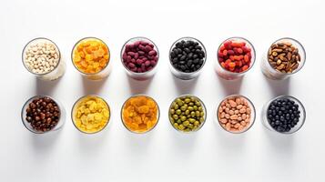 AI generated Top view of various colorful dried fruits, beans, and nuts arranged in a row. On white background. Concept of kitchen organization, healthy snacks, meal preparation, ingredient display photo