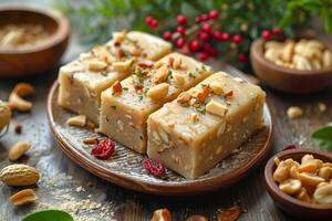 AI generated Peanut halva sprinkled with crushed peanuts and sugar on a plate. Traditional oriental sweets. Concept of homemade confectionery, nutty fudge treats, artisanal dessert crafting, and photo