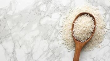 AI generated Grains of uncooked white rice in wooden spoon on white marble background. Top view. Banner with copy space. Concept of cooking ingredient, healthy nutrition, cereal grain, and agricultur photo