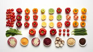 AI generated Overhead view of colorful fresh vegetables and grains neatly arranged on a white background photo