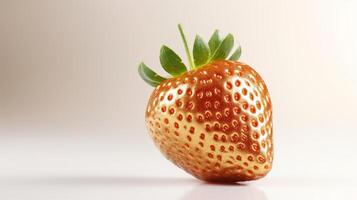 AI generated Golden strawberry, contrasted by red spots and green leaves, on light background, perfect for use in conceptual art or as a striking visual metaphor in graphic design. copy space. photo