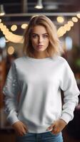 AI generated Young blonde woman wearing clean white sweatshirt. On a light blurred background. Indoors. Sweatshirt Mockup. Concept of urban fashion, street style, template for design. Vertical format photo