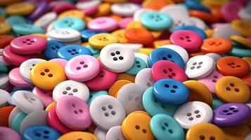 AI generated Multicolored sewing buttons spread out in abundance. Close up. Concept of sewing, crafting, tailoring, colorful design, clothing repair, hobbies. photo