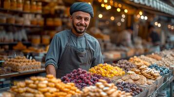 AI generated Street vendor in an Eastern market, offering a selection of homemade sweets and delicacies. Vibrant and bustling atmosphere. Concept of local market trade, small business ownership. photo