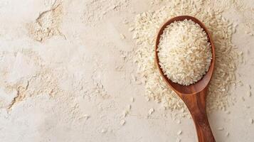 AI generated Grains of white rice in wooden spoon on white textured background. Top view. Banner with copy space. Concept of cooking ingredient, healthy nutrition, cereal grain, photo