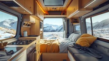 AI generated Warm and inviting RV inside, showcasing expansive views of a nature landscape. Concept of mobile living, adventure travel, road trips, and nature connected lifestyles photo