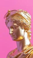 AI generated Gold sculpture of female head on solid pink background. Concept of classical art, sculpture, golden statue, artistry, elegance, luxury decor. Vertical format photo