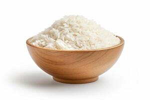 AI generated A bowl with uncooked white rice on white background. Concept of food staple, raw grains, cooking ingredient, healthy food photo