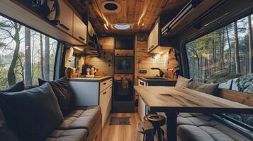 AI generated Interior of a contemporary RV featuring and nature outside. Concept of mobile living, adventure travel, road trips, and nature-connected lifestyles photo