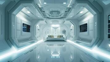 AI generated Modern futuristic minimalist design of a spaceship interior with a modern aesthetic. Concept of space travel, future technology, exploration, cosmic living, and Earth observation photo