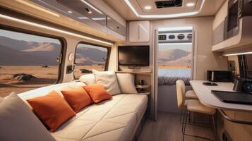 AI generated Contemporary camper van with a cozy interior and beautiful views of nature from the windows. Concept of mobile living, adventure travel, road trips, and nature-connected lifestyles photo