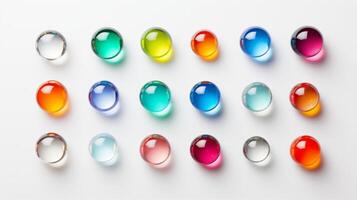 AI generated Row of colorful glass spheres on a white surface, reflecting light. Concept of glass art, marbles collection, color variety, transparent objects. Top view photo